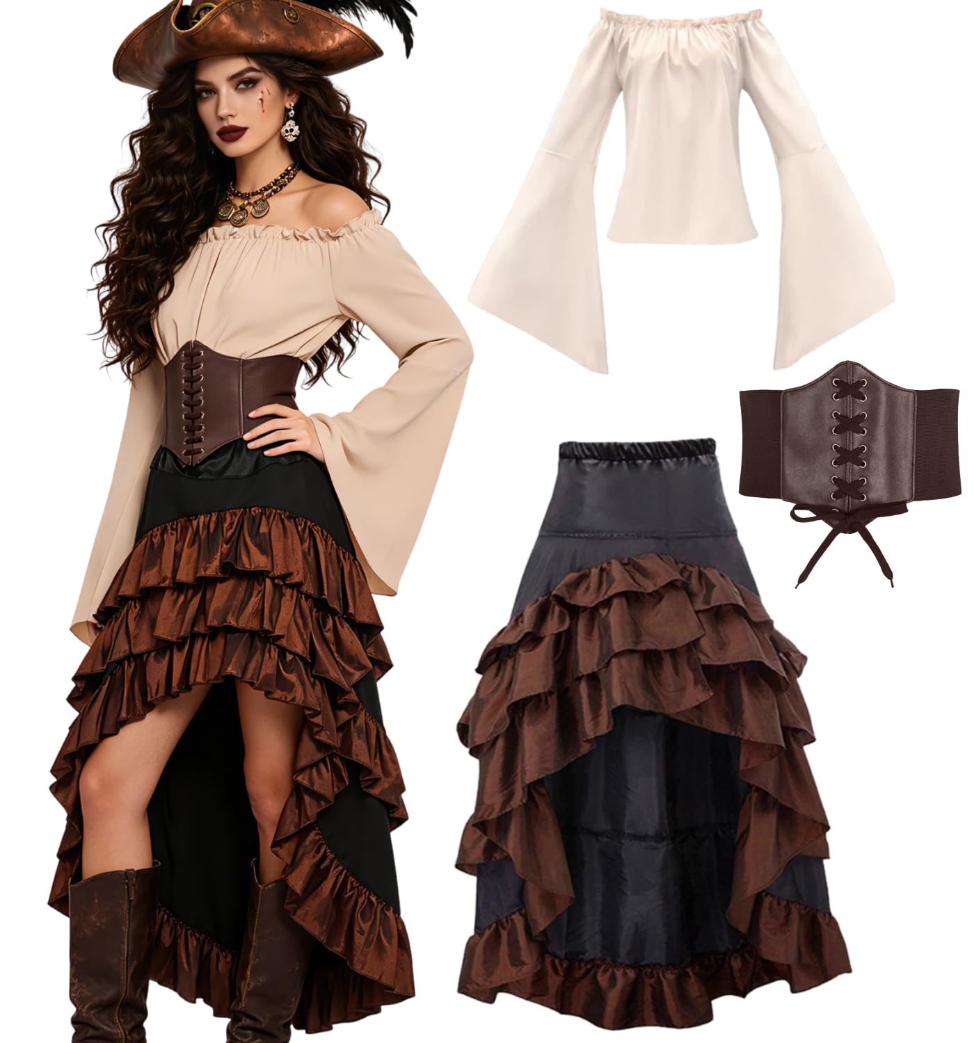 Vercico Pirate Costume Adult Women Medieval Pirate Fancy Dress Retro Elastic Waistband Corset, Steampunk Renaissance Outfit Halloween Costumes (Black, L)