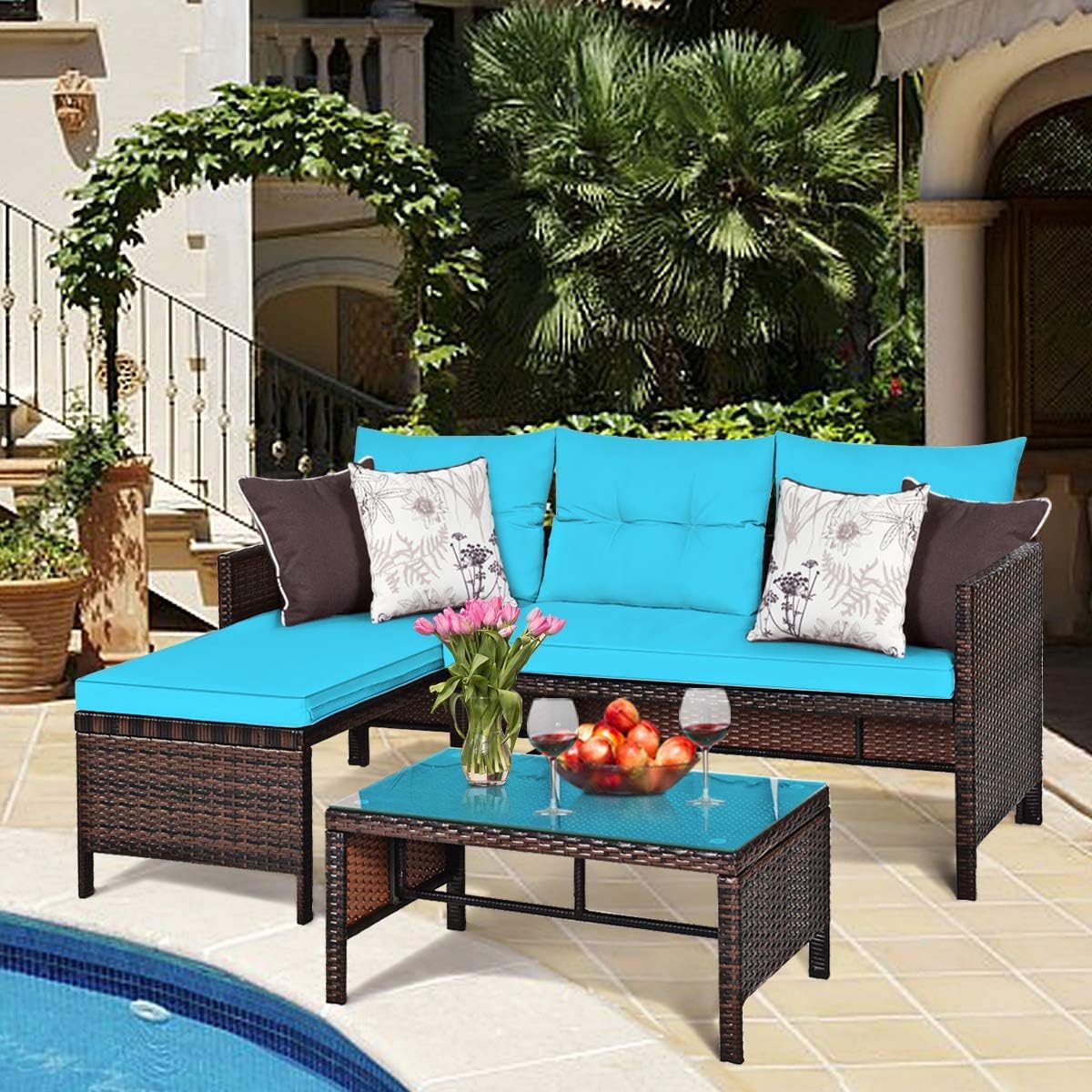 HAPPYGRILL 3 Pieces Rattan Wicker Patio Conversation Set, Outdoor Sofa Table Set with Steel Frame & Seat Cushion, Porch Furniture Set for Garden Lawn Pool Backyard