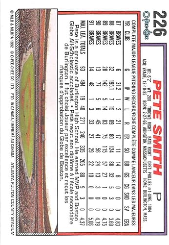 Miniatura 2 de 1992 O-Pee-Chee Baseball #226 Pete Smith Atlanta Braves Official Bilingual MLB Trading Card That Parallels the 1992 Topps Set