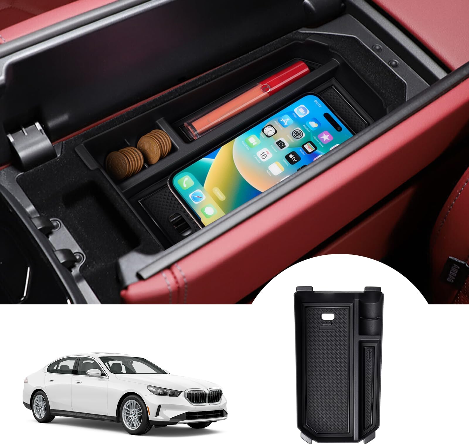 Center Console Organizer for 2024-2026 BMW 5 Series 520i 530i 530e 540i 550e Accessories Armrest Storage Box Secondary Insert Tray with Anti-Slip Mat