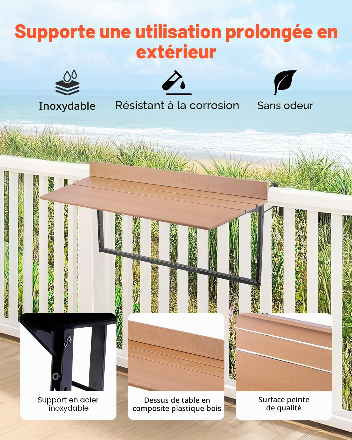 VEVOR Table Suspendue Balcon, 1000 x 485 x 480 mm, Table de Bar Pliante pour Balustrades de Balcon d'Extérieur, avec Plateau 1000 x 345 mm, Réglable sur 5 Niveaux, pour Garde-Corps de Patio Terrasse