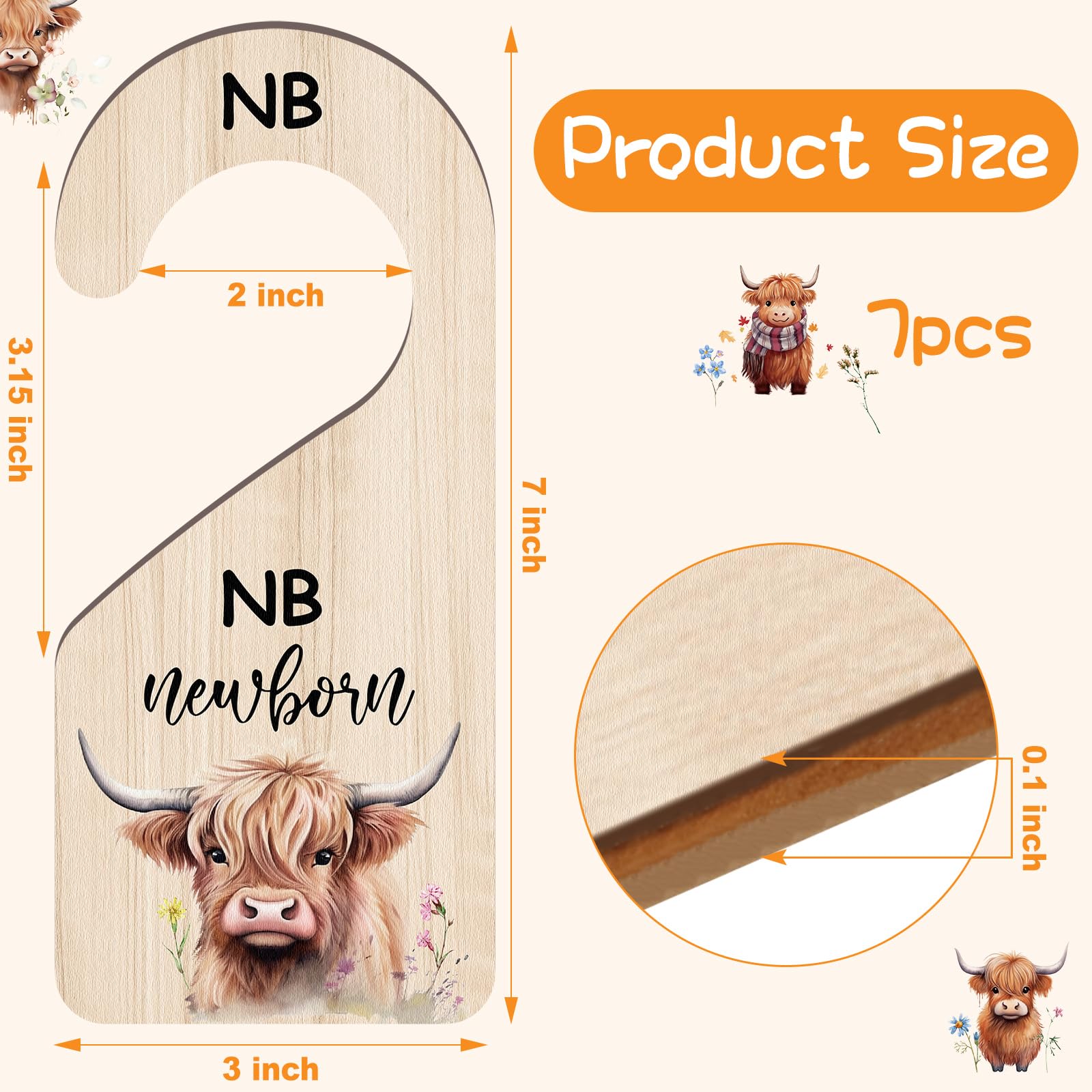 RattanView 7 Pcs Highland Cow Baby Closet Dividers Double Sided Wooden Nursery Closet Dividers for Baby Boy Girl Newborn to 24 Months Home Nursery Supplies