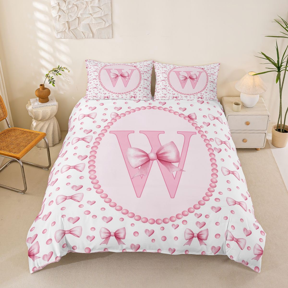 Housse de couette 200x200cm parure de lit 3 pièces imprimé lettre W coquette