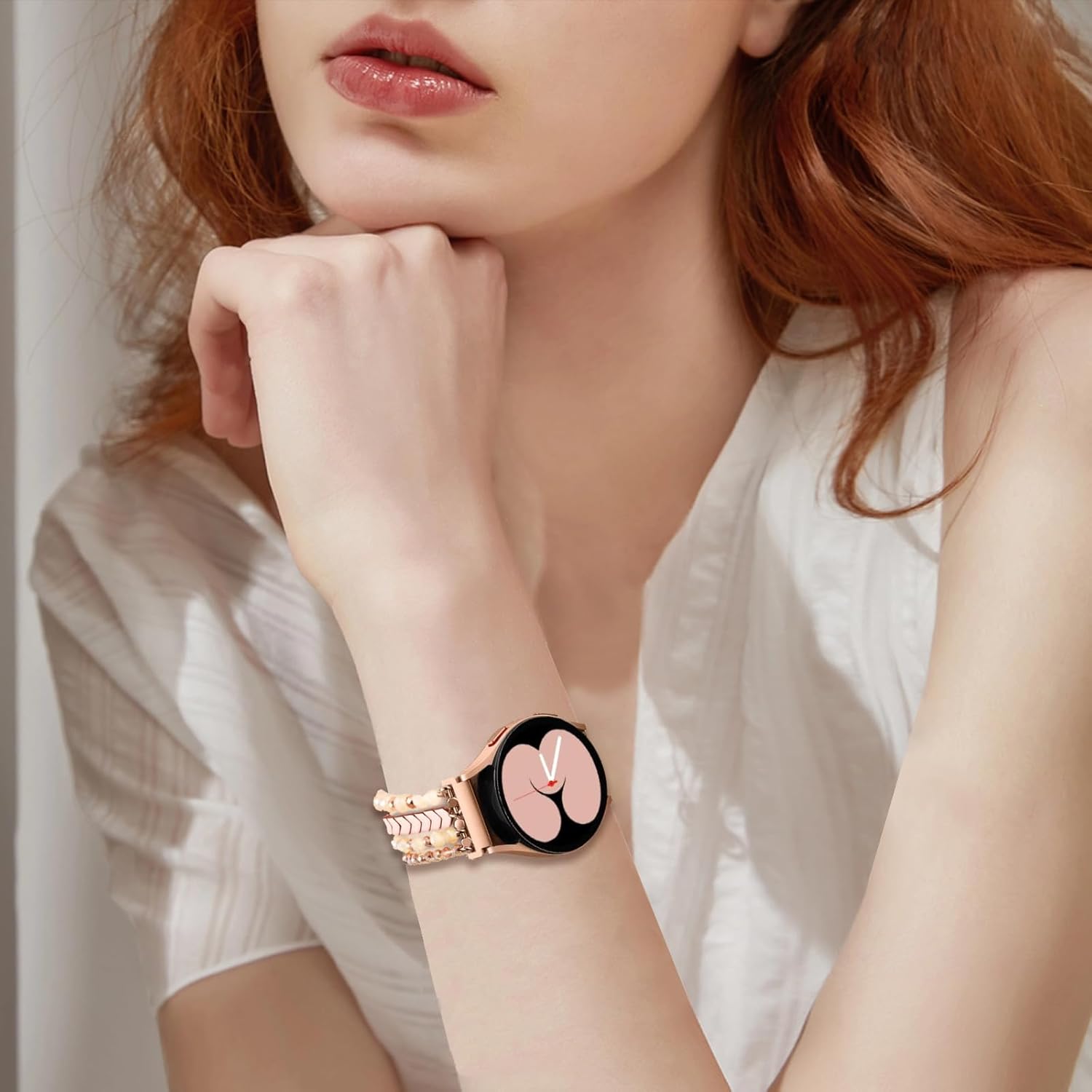 Beaded Bracelet Band Compatible with Samsung Galaxy Watch 7/6/5/4/Active 2/FE 40mm 44mm/6 Classic 43mm 47mm/Watch 4 Classic 42mm 46mm/5 Pro 45mm 20mm Handmade Fashion Stretch Strap for Women Girl - Image 4