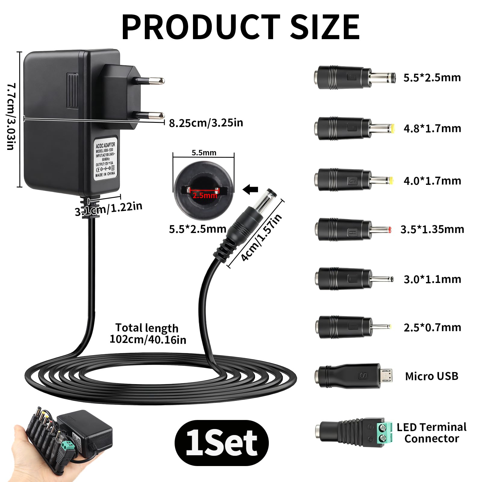 Adaptador de Alimentación 12V 3A 36W con Conector DC 5.5x2.1 mm con 8 Enchufes DC Desmontables, Cargador Universal 12V para Cámaras CCTV, Tiras LED, Router, Monitor LCD, Dispositivos Electrónicos — view 2
