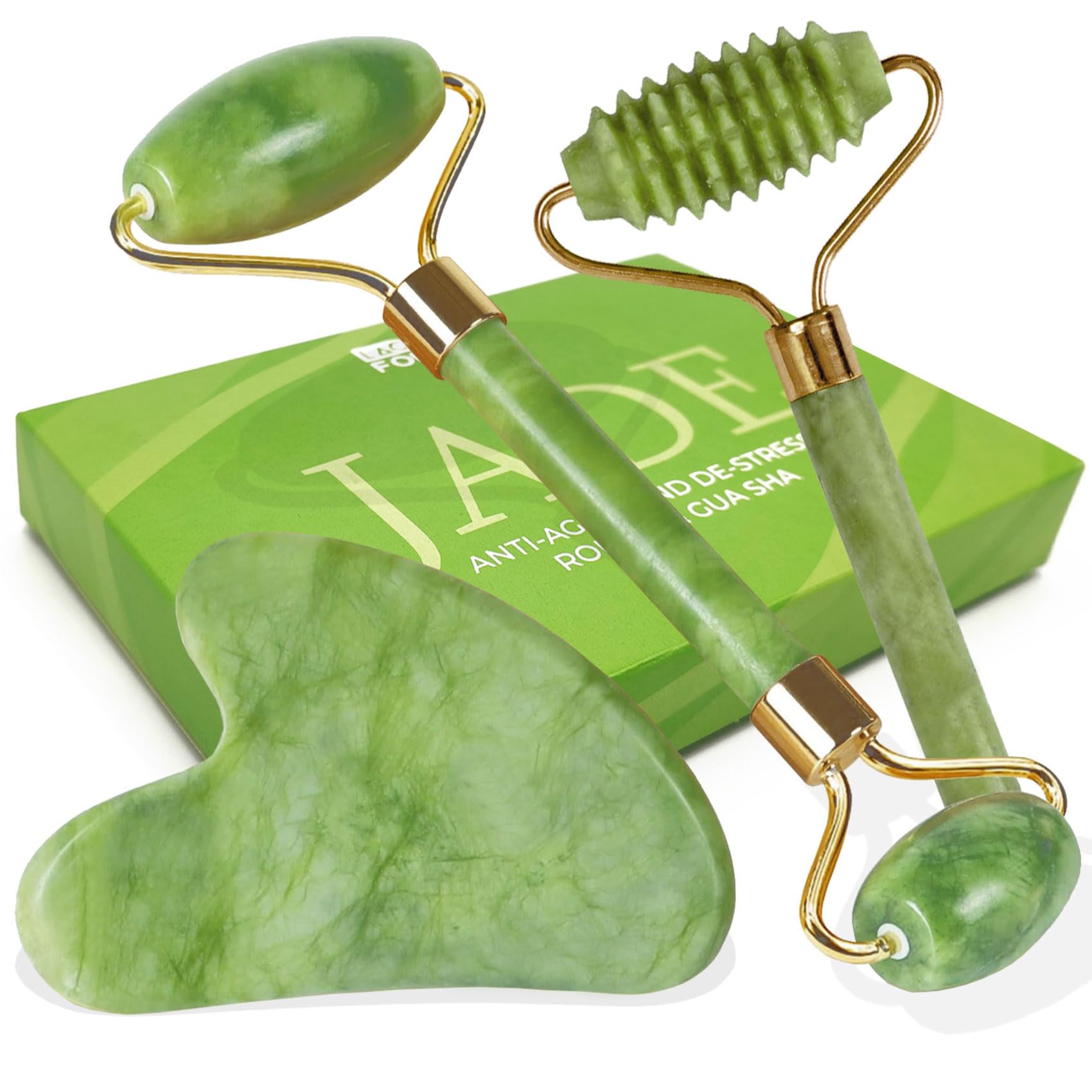 LAC FOR YOU Piedra Gua Sha Facial y Rodillo Jade Autentico - Masajeador Facial Antiarrugas - 3pz Skincare Kit para Cara