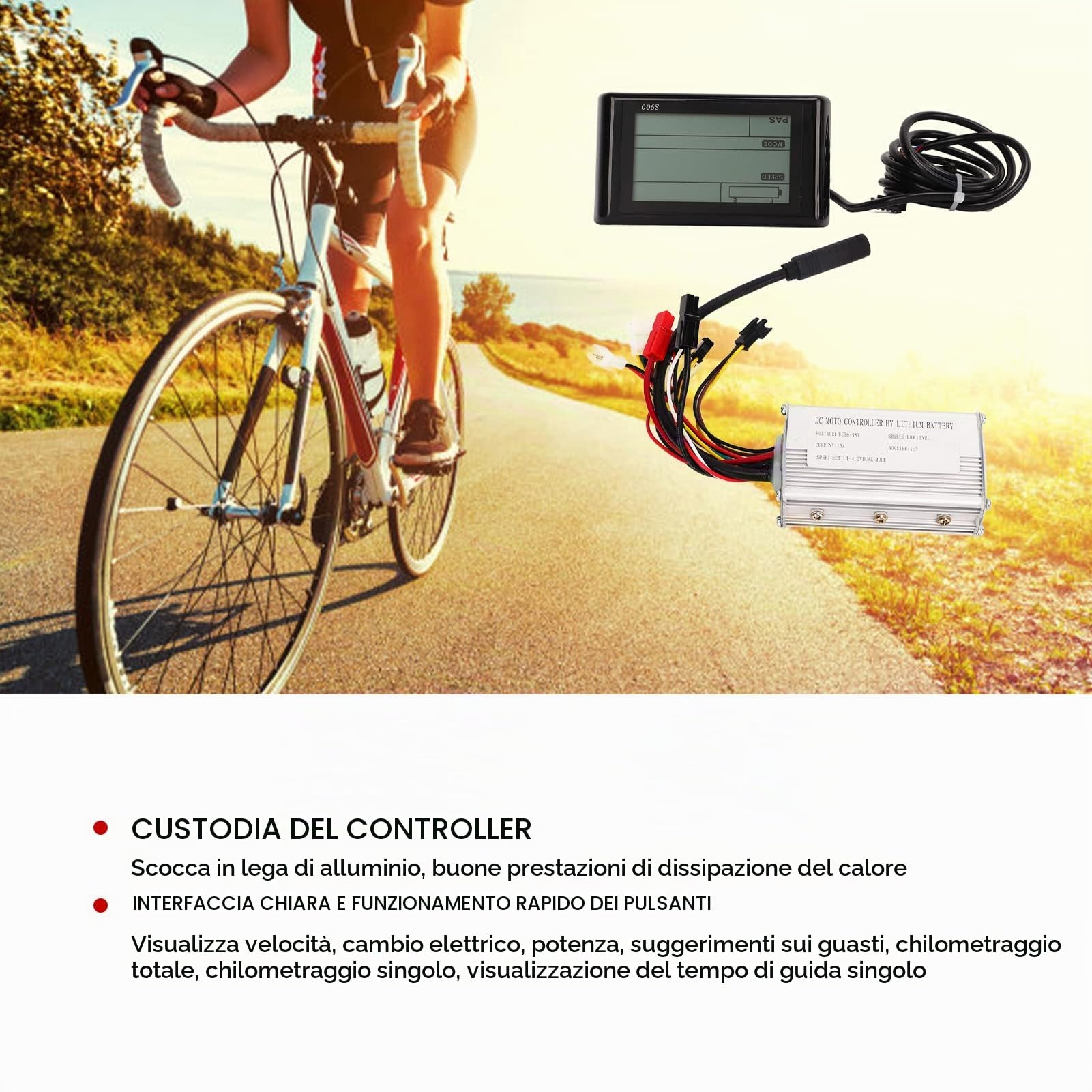 BuyWeek Kit Controller Bici Elettrica, 36V 48V 250W 15A Controller Motore Brushless in Lega di Alluminio Regolatore di Velocità con S900 Pannello LCD e Acceleratore a Pollice