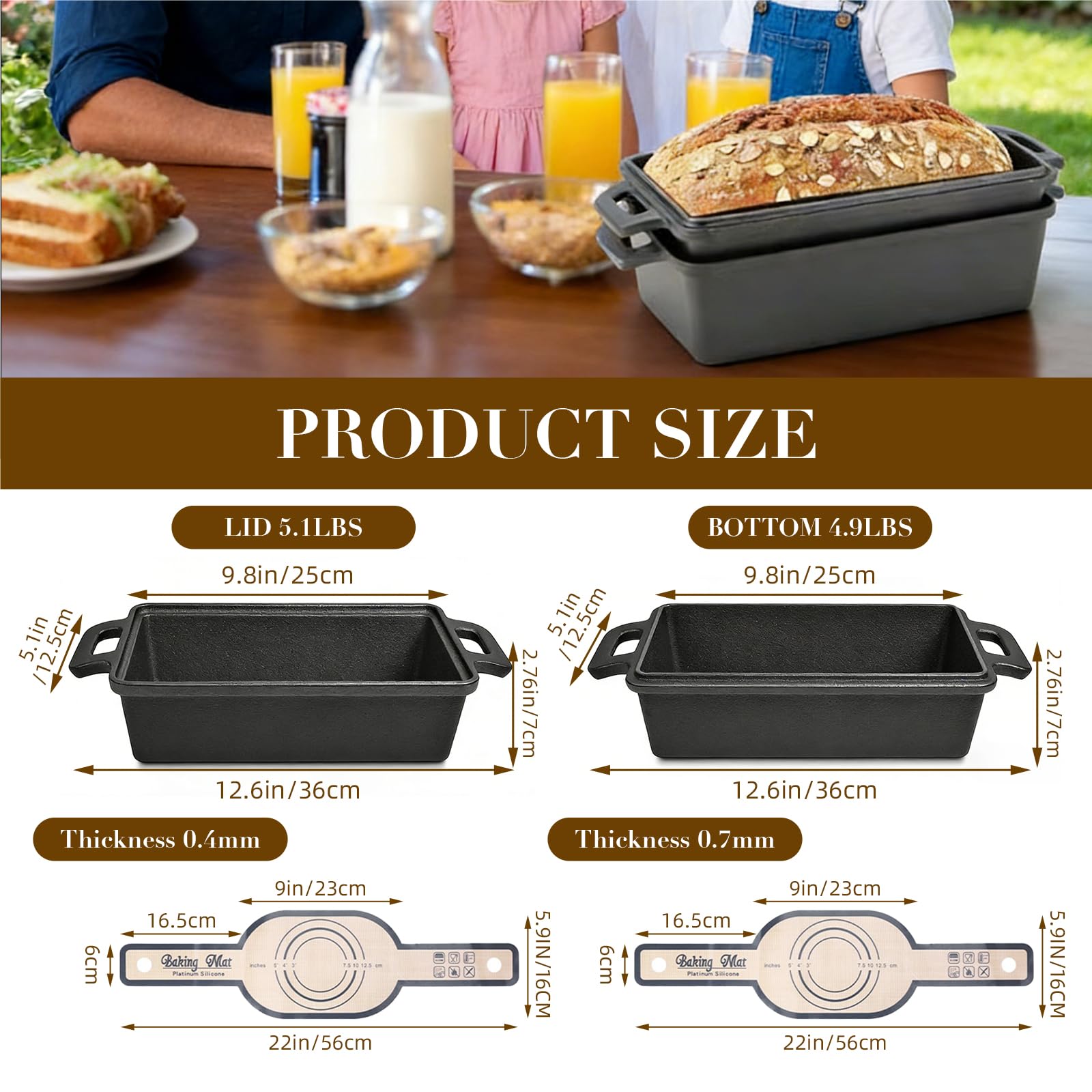 Molde de Hierro Fundido para Pan con Tapa, Molde Pan de Molde Pesado Incl. 2 Alfombrillas Antiadherentes (56x15 cm), Perfecto para Masa Madre & Pan de Horno, Molde Pan Ideal para Hornear