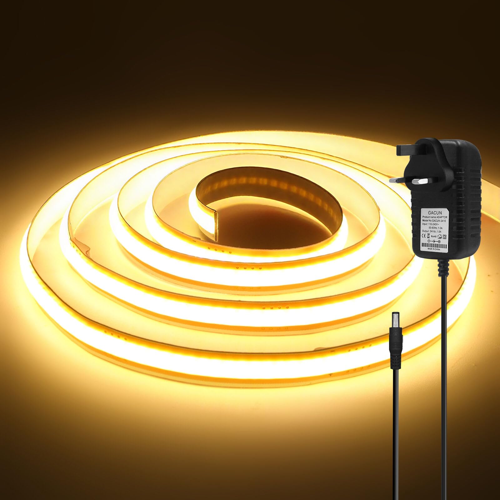 12V COB LED Strip, 8MM 400 LEDs/m Free Cut Non Waterproof High Density Strip Light Rope Light for Bedroom, Kitchen, TV Backlight, Wardrobe, Home Lighting Decor.(Include Power Adapter)