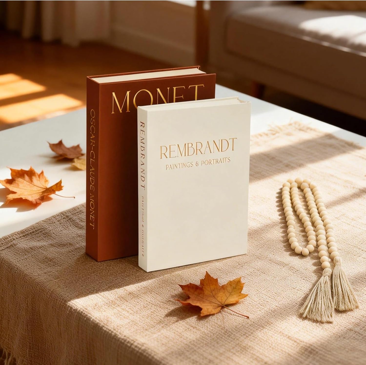 Decorative Books for Home Decor - Coffee Table Book Decoration - Set of 2 Fake Books Storage Boxes with Tassels Beads , Faux Book Box for Home Table Decor & Hidden Storage Farmhouse Display Decoration