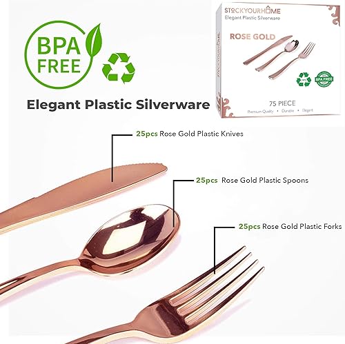 Vista 53 de Juego de cubiertos de plástico resistente (plateado) de 75 piezas, juego de cubiertos desechables, ideal para fiestas, bodas y catering, cubiertos