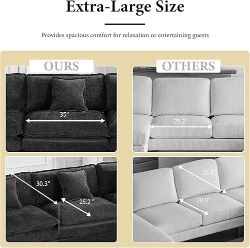 Miniatura 4 de Sofá seccional modular negro de 117.3", sofás seccionales grandes de 3 asientos para sala de estar, sofá nube oversized de tela chenille con Negro