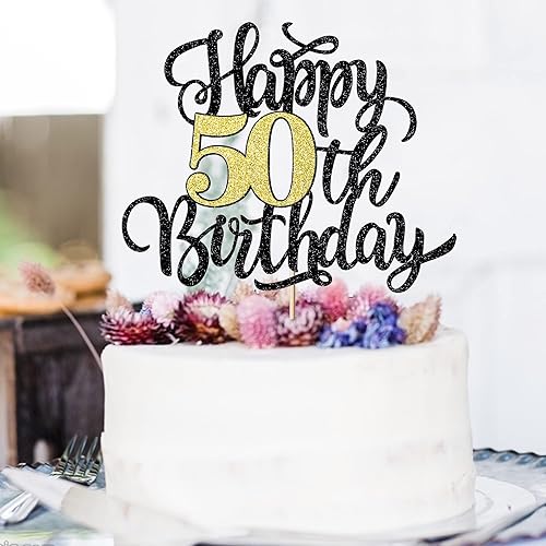 Miniatura 5 de Decoración para tarta de cumpleaños de 50 años, decoración de pastel de cumpleaños con purpurina negra y dorada, suministros de decoración de fiesta
