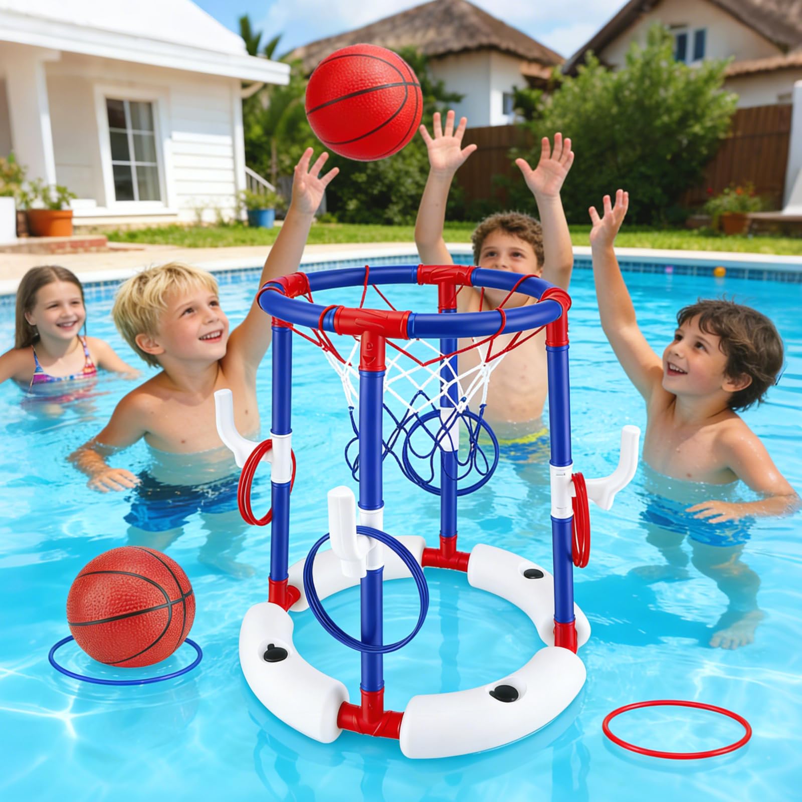 Set da basket galleggiante 2 in 1 per piscina, con 4 palloni grandi e 12 anelli, pompa inclusa. Sport acquatici gonfiabili per bambini, adulti e famiglie Divertimento in piscina, al lago o in spiaggia