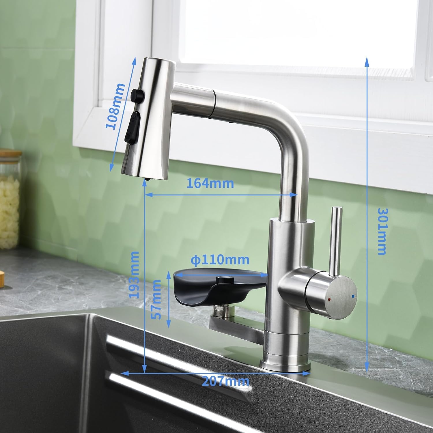 Grifo de Cocina Extraible con Lavavasos, 3 Modos, Torneira Cozinha | LakeBayMZC Grifos Cocina Fregadero Monomando con Lavatazas, 3 Chorros, Giro 360°, acero 304 Cepillado Cocina Bar Baño