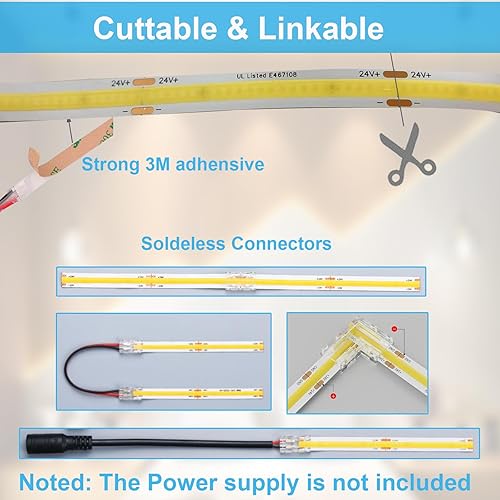 Miniatura 3 de COB - Tira de luces LED, tiras de luz flexibles con certificación UL, 16.4 ft, 3000 K, blanco cálido, 55 W, 2400 LED CC 24 V para dormitorio,