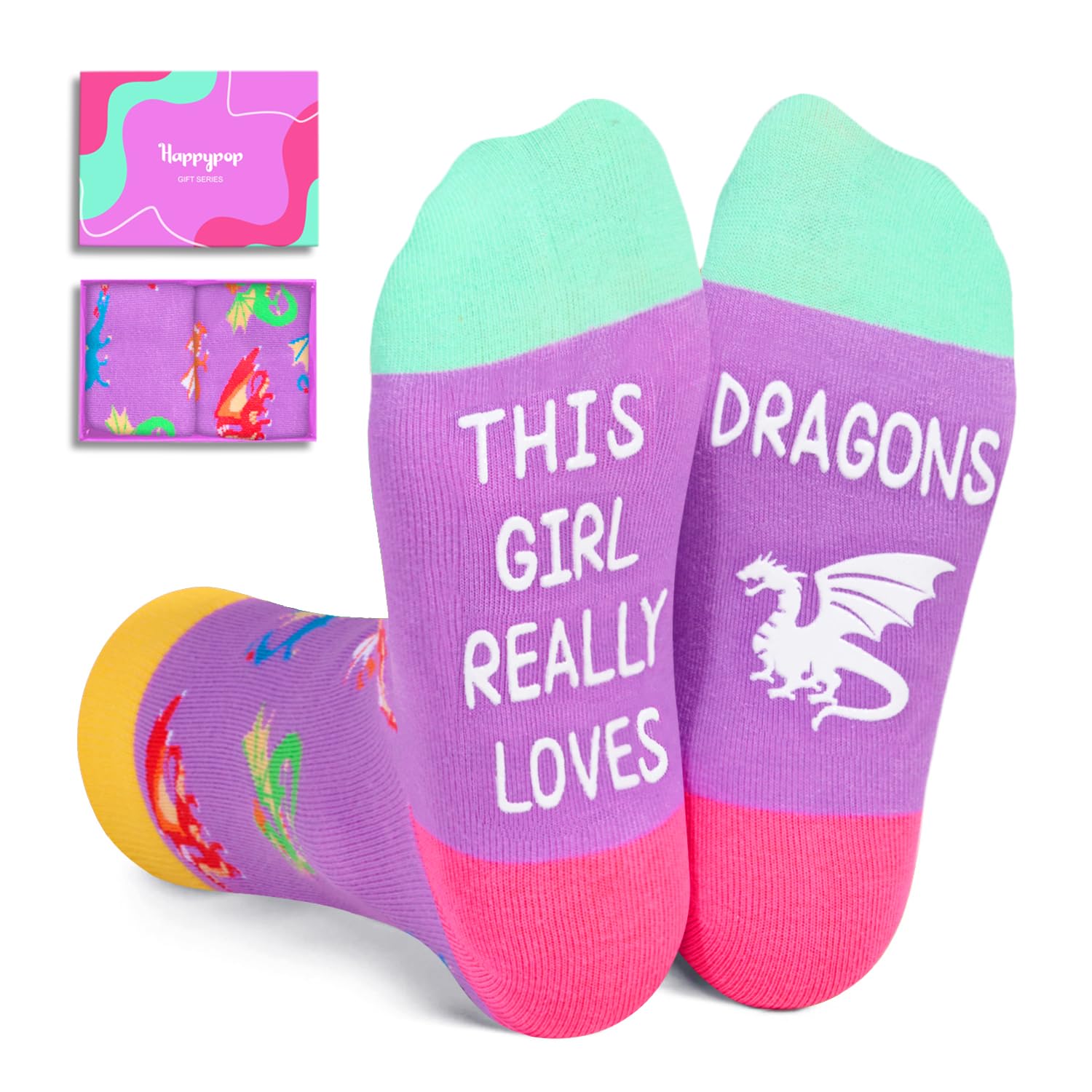 HAPPYPOP Kids Socks Girls Socks Crazy Socks Silly Socks Funny Socks for Kids, Childrens Socks Dragon Gifts Dragon Socks, Dragon Purple, 8-12 years