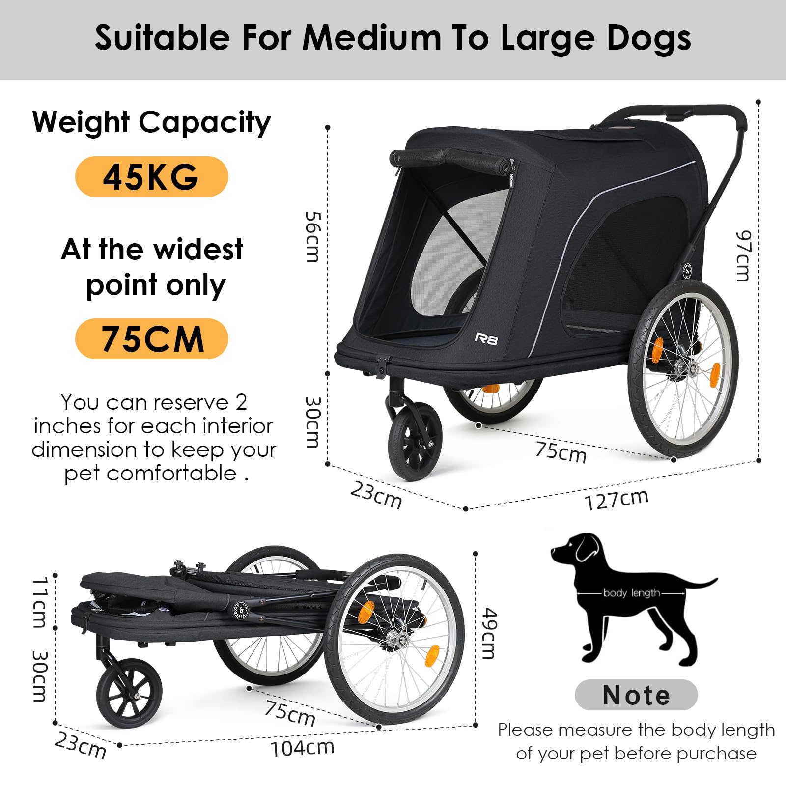 Beberoad 2 in 1 Rimorchio da Bicicletta e Passeggino per Cani, Rimorchio Bici per Cani con Porta Anteriore e Posteriore, Finestre a Rete e Tetto Apribile, Carico Massimo 45 kg