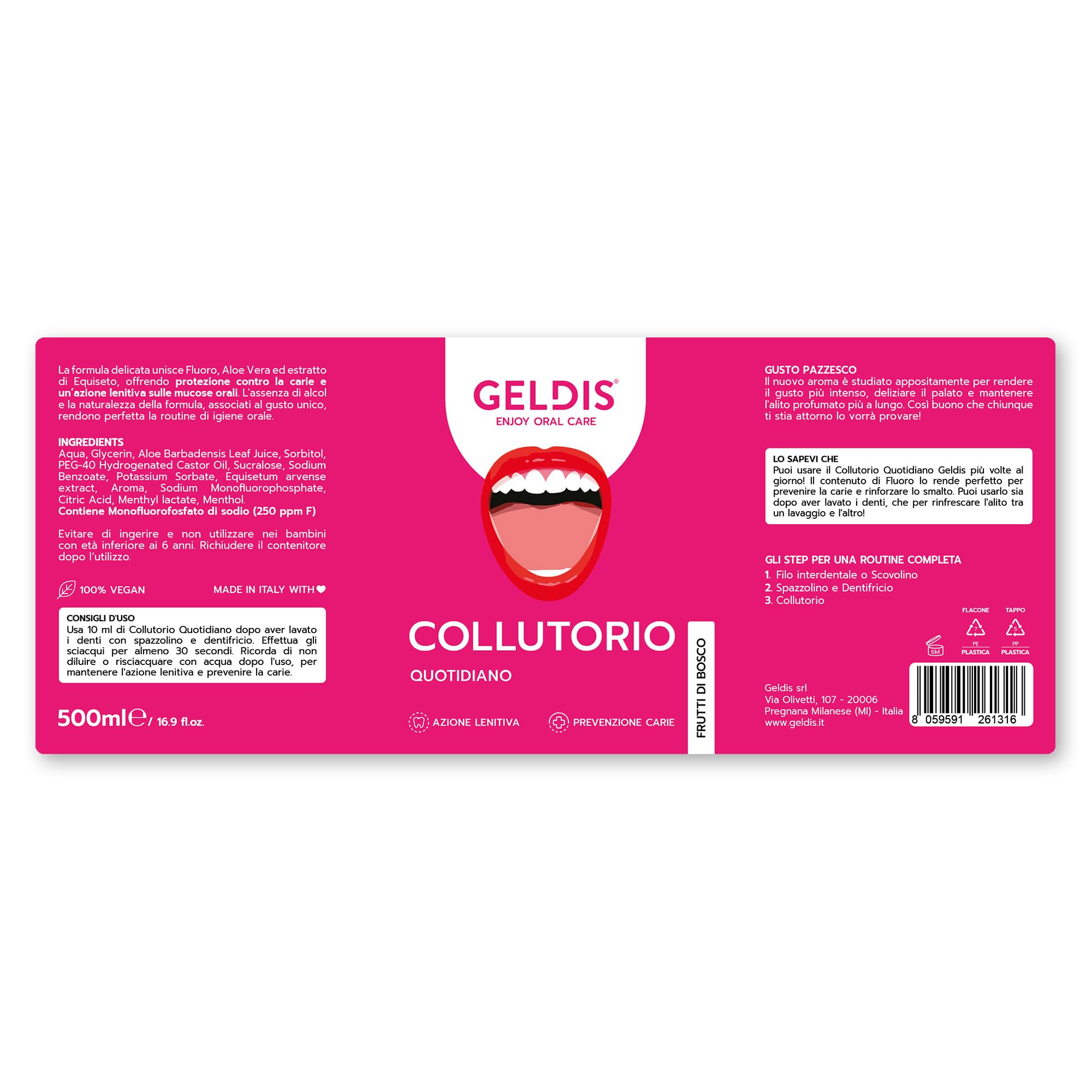 GELDIS Collutorio senza Alcool, Uso quotidiano con Fluoro, Aloe Vera ed Equiseto, Protezione contro Carie e Azione Lenitiva Senza Coloranti, 500 ml