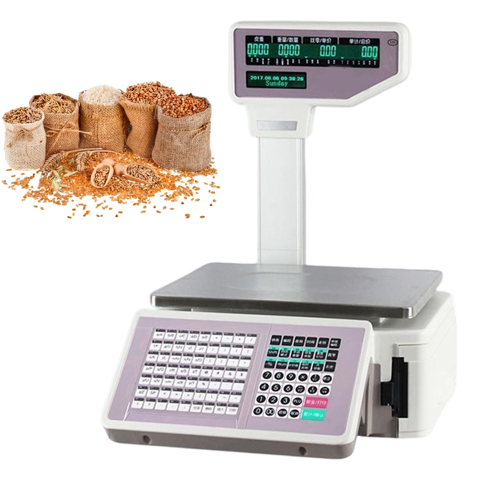 Xjymposium Electronic Price Label Printing Scale 30kg, Commercial Barcode Scale With Receipt Printer, With 63 Shortcut Keys And Pole Display, Label And Receipt Printing