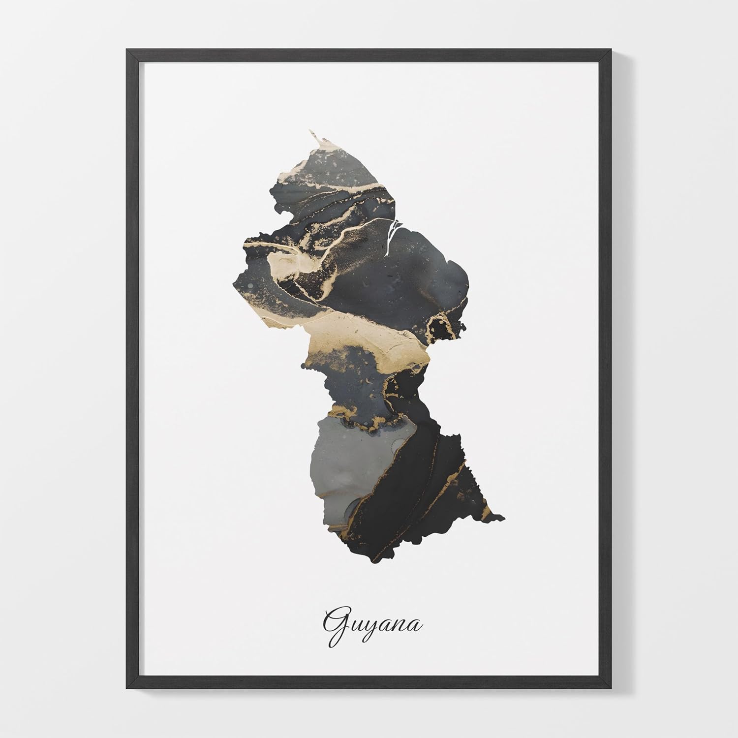 Guyana Art Print, Guyanese Map Poster, Elegant Country Artwork, Black and Gold GY Painting, Art collector map