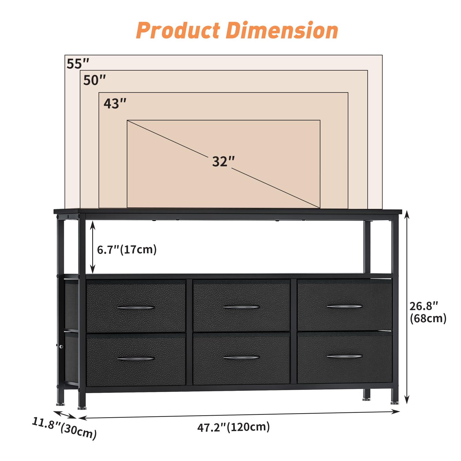 Mueble TV con 6 Cajones y Estantes Abiertos | Para TV de hasta 55", Negro, 120 × 30 × 68 cm, Ideal para Salón o Dormitorio