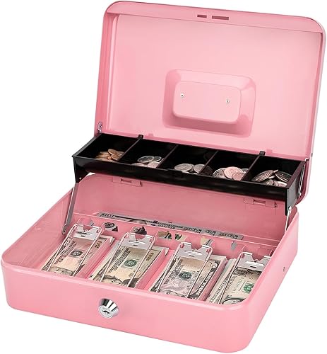 Vista 17 de Jssmst Caja de efectivo con tapa deslizante para monedas y cerradura de combinación de pestillo a presión, caja de dinero portátil con bandeja