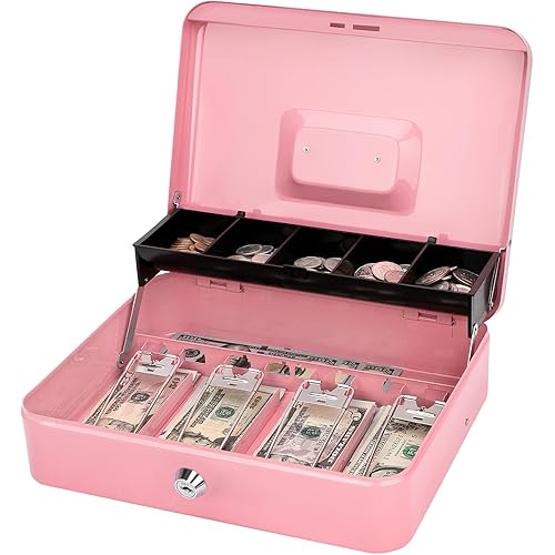 Jssmst Cash Box with Money Tray and Lock - Pink Cash Box with Key Lock Safe Money Box Large, Locking Register Drawer for Money, 11.8'' x 9.5'' x 3.5'', SM-CB005PK
