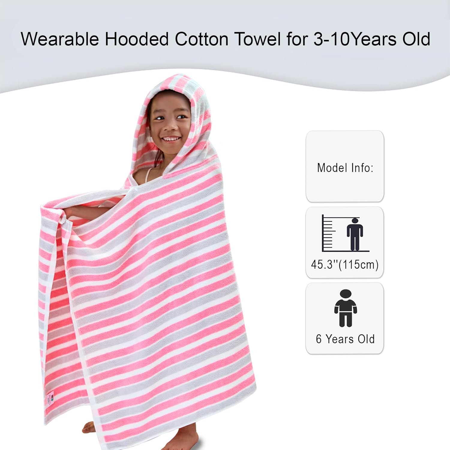 VOOVA & MOVAS Hooded Towels for Kids - 100% Cotton (3-10Years) - Quick Dry Absorbent Lightweight Wrap Towel for Pool | Swim | Beach | Bath, Girls, Pink Gray Stripe - Image 3