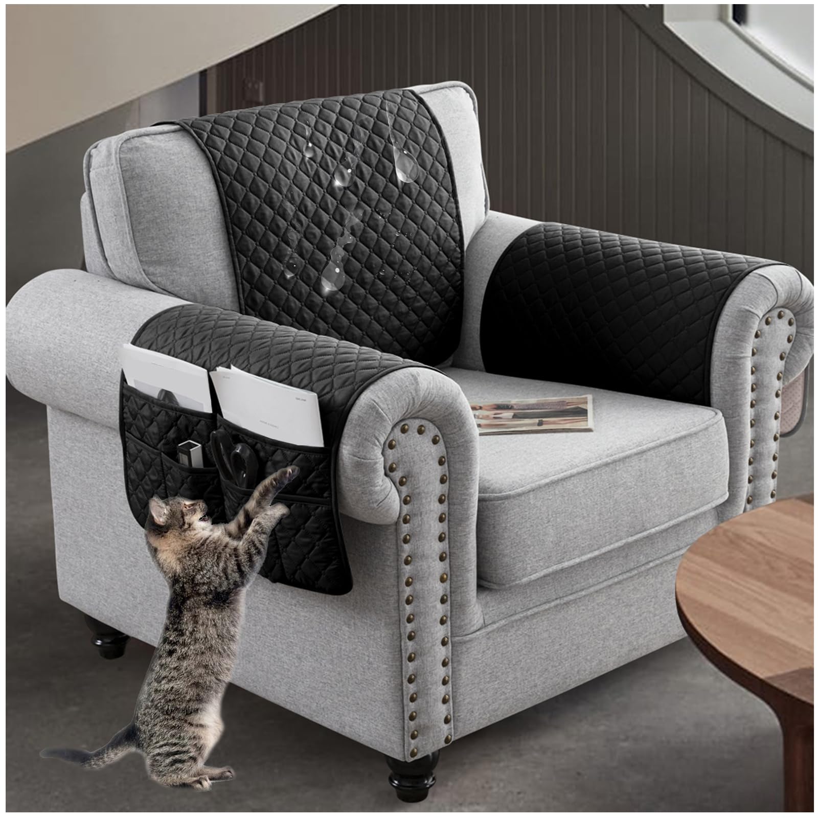 NNSMUN Sofa Armrest Cover 3/4/5Pcs, Waterproof and Nonslip Armchair Covers for Arms Headrest, Sofa Slipcover with Side Pocket, Quilted Protector for Pets Leather Couch (Black,1 Seater(3pcs))