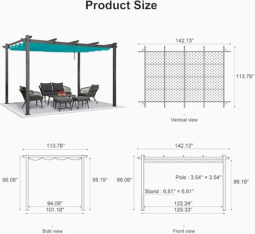 Miniatura 108 de PURPLE LEAF - Pérgola/kiosco retráctil de metal de 10 x 12 pies con toldo para exteriores, patio, jardín, porche, playa, pabellón estilo enrejado