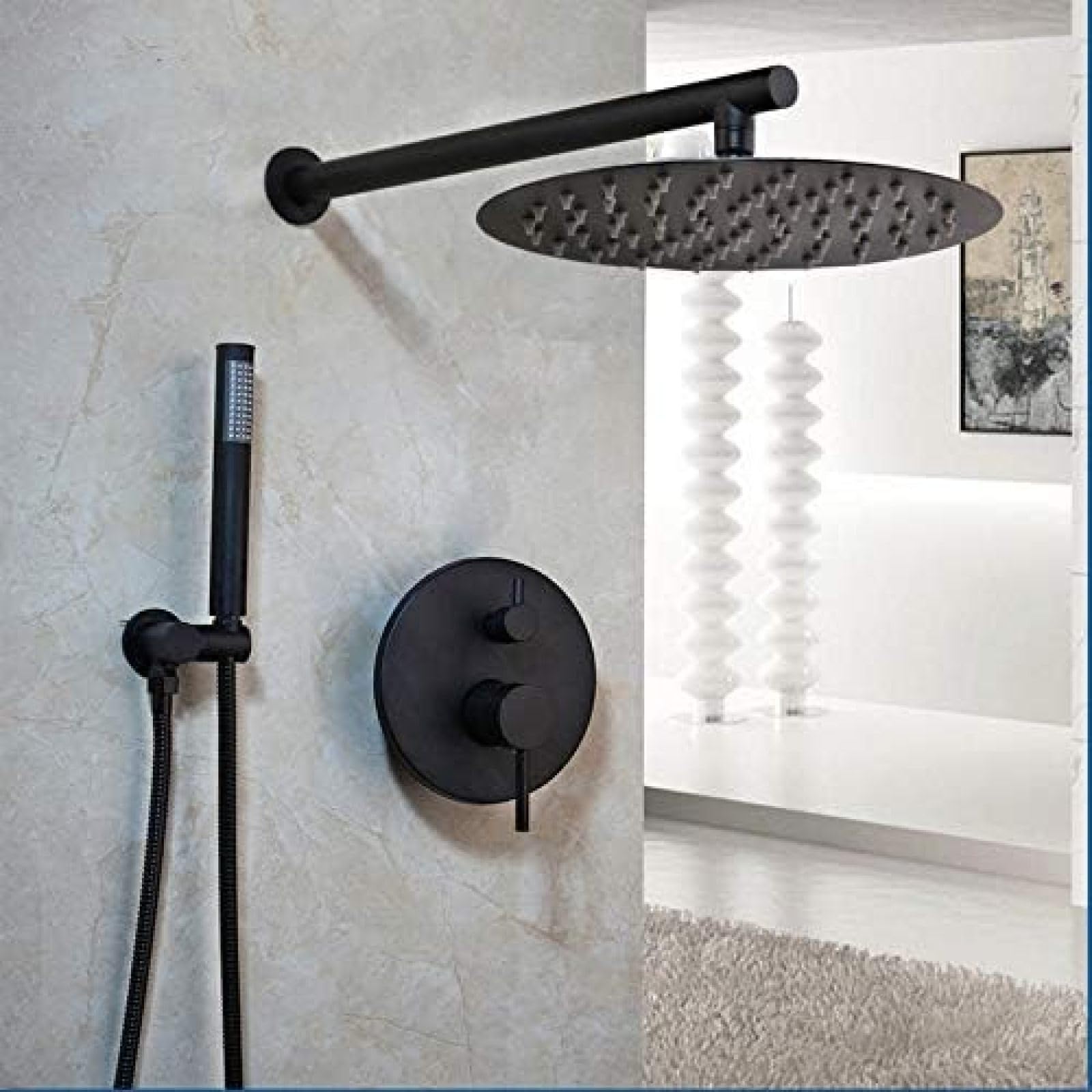 Pommeau de douche ultra-mince noir 8 pouces mural avec douchette