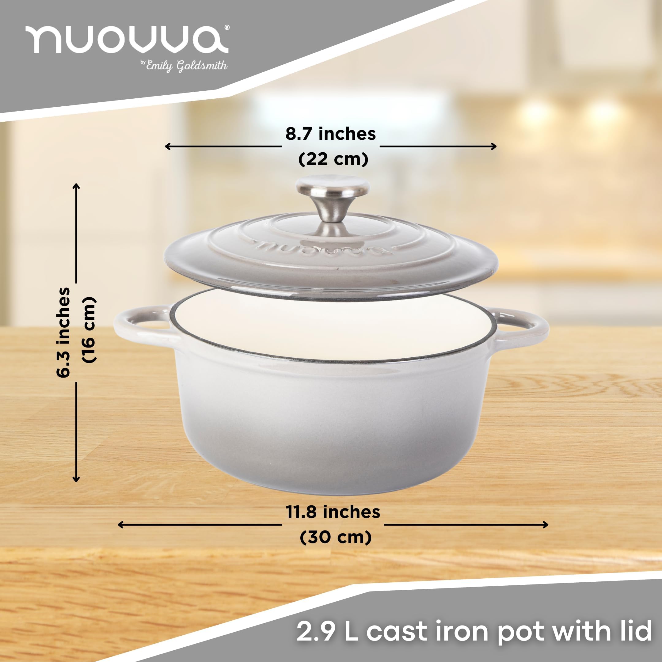 nuovva Cast Iron Dutch Oven with Lid – Non-Stick Ovenproof Enamelled Casserole Pot – Sturdy Dutch Oven Cookware – Light Grey, 3.1-Quart, 22cm –