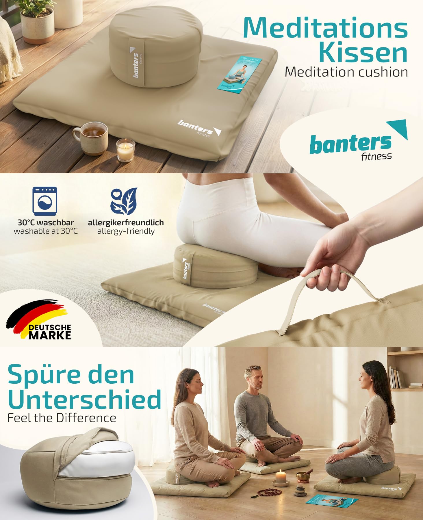 Banters Zabuton - Tappetino da meditazione, 80 x 80 x 6 cm, 100% cotone biologico, ergonomico, lavabile, con 5 minuti