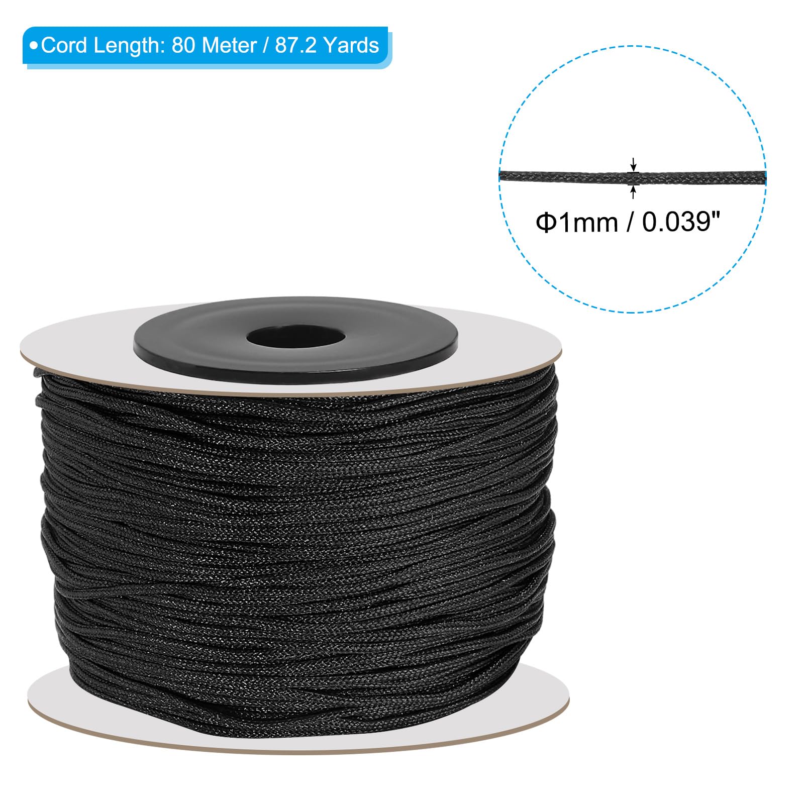 PATIKIL 87 Yard Nylon Satin Cord 1 mm Beading String Braided Rope Black, 1mm x 87 Yard - Image 2