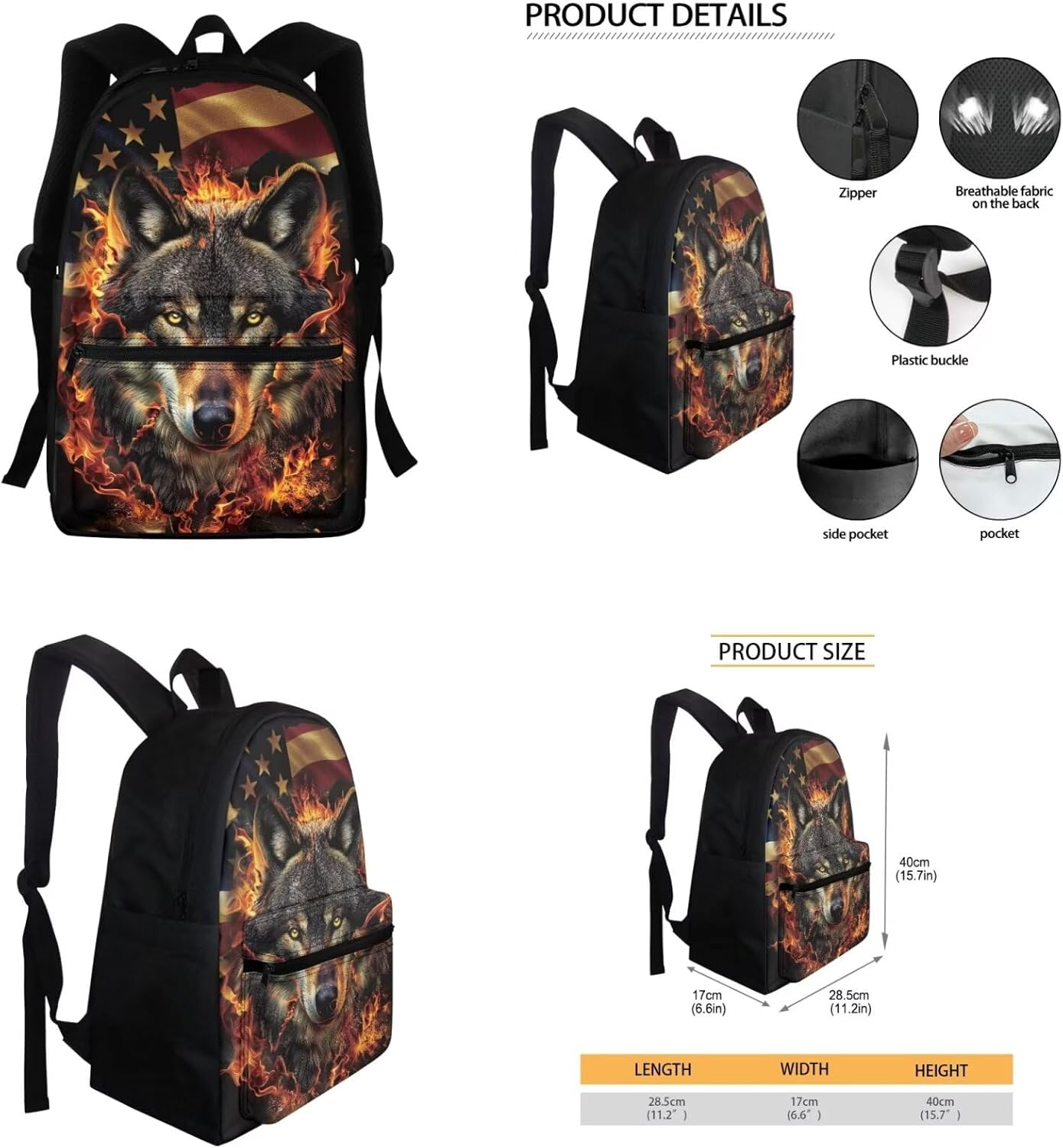 SEANATIVE Wolf America Flag Backpack Set 3PCS School Bag Daypack with Lunch Box and Pencil Pouch Set for Boys Kids 16 Inch School Bookbag