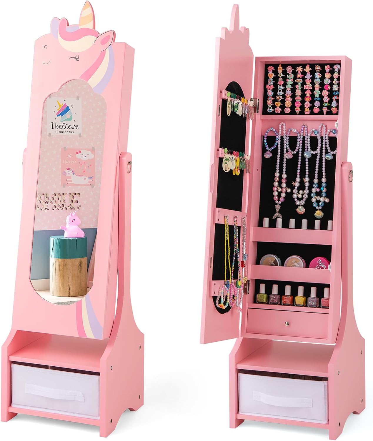 Costzon Kids Jewelry Armoire, 45.5" Standing Jewelry Cabinet with Full-Length Mirror, Storage Drawers, Kids Vanity Dress Up Mirror Jewelry Organizer for Little Girls (Pink)