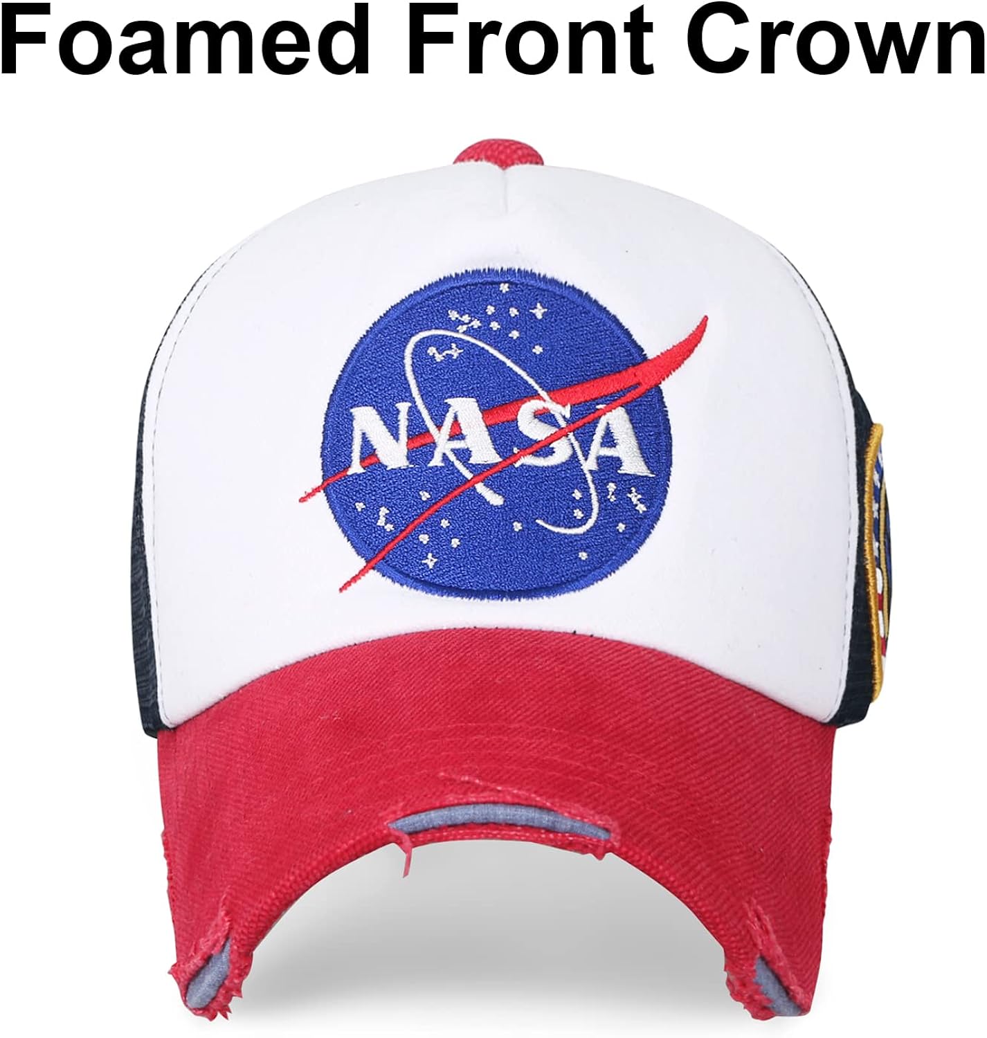 ililily NASA Meatball Logo Embroidery Baseball Cap Apollo 1 Patch Trucker Hat, Red & White