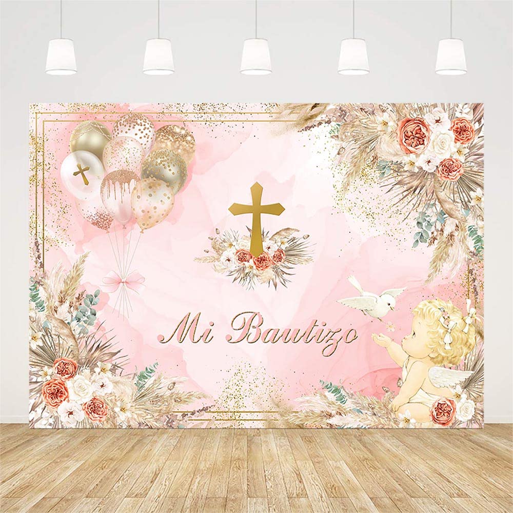 Mi Bautizo Fotohintergrund 2,1x1,5 M - Boho Blumen Für Taufe, Kommunion, Babyparty