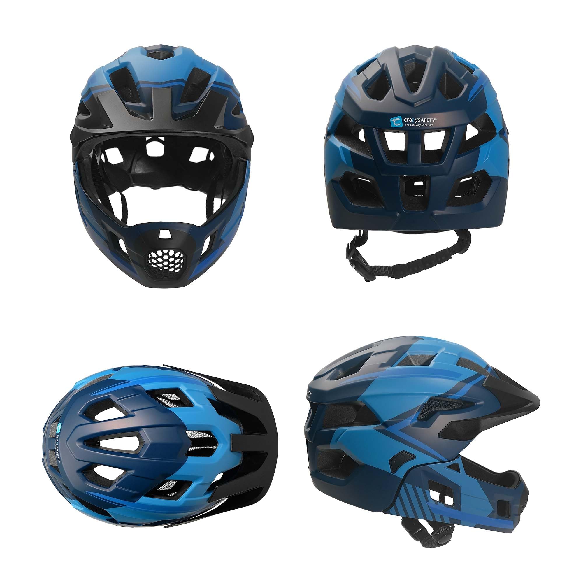 Crazy Safety Casque Vélo Intégral - Bleu | pour VTT, BMX, Skateboard | Casque Enfant avec mentonnière Amovible | Casque intégral et Standard | Casque de Motocross Taille M 54-57 cm
