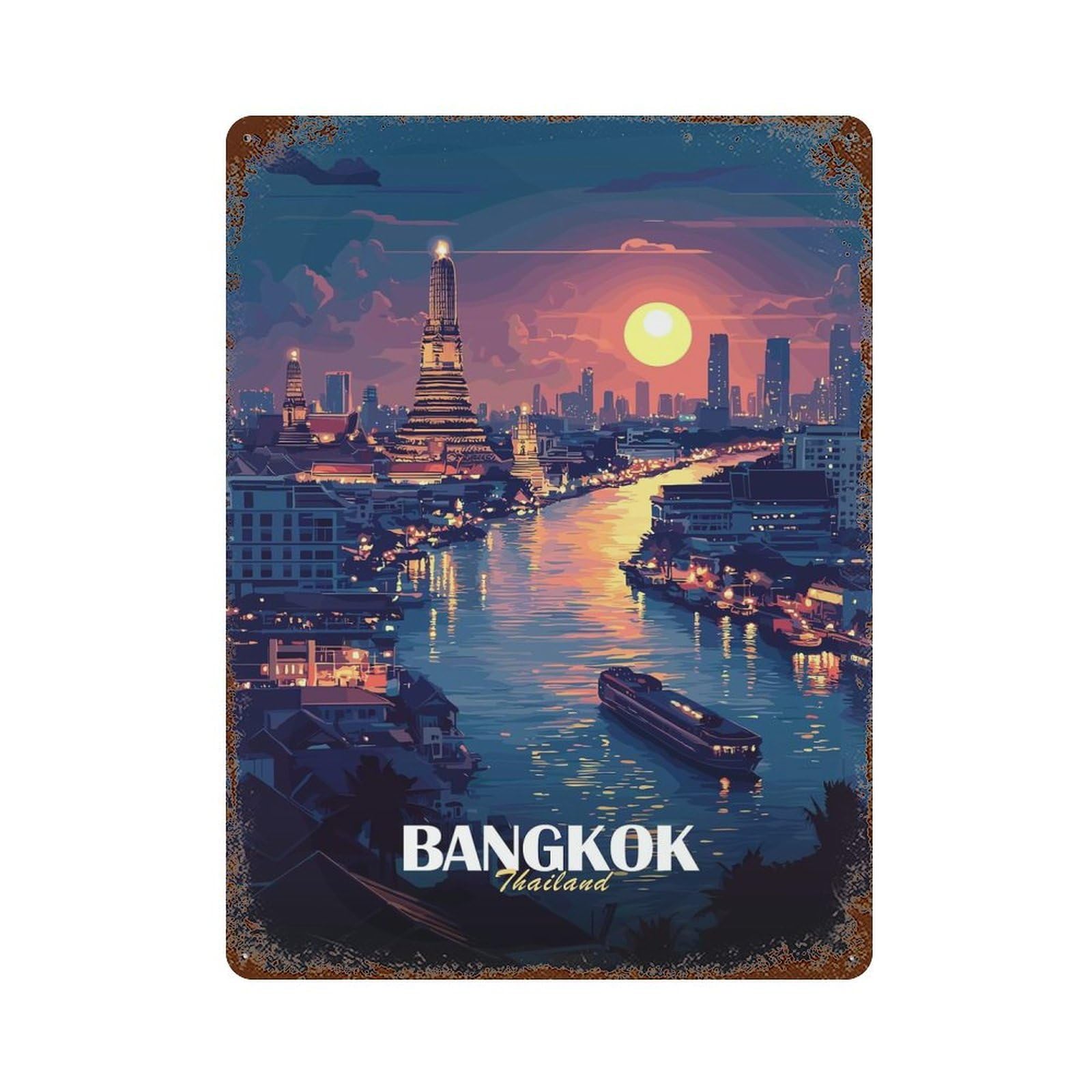Bangkok Thailand Cityscape at Sunset 15.7"x11.8" Rusty Metal Tin Sign, Novelty Wall Decor for Cafe, Home Bar And Lounge Decor
