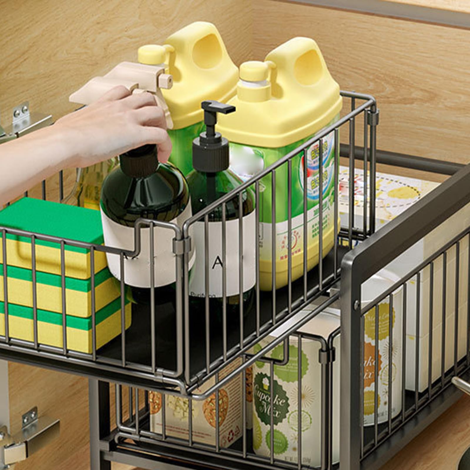 Estante de almacenamiento debajo del lavabo que ahorra espacio, 2 cestas deslizantes para una configuración eficiente de la cocina