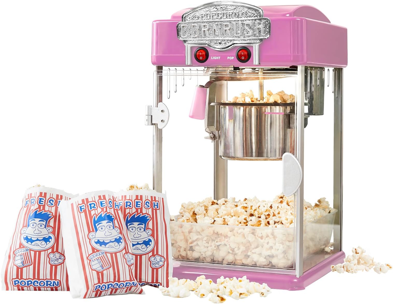 CORNRUSH Popcorn Popper Machine-4 OZ Vintage Professional Popcorn Maker Theater Style with Nonstick Kettle Warming Light and Serving Scoop. (Pink)