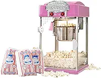 Máquina de pipoqueira profissional vintage de 118 ml com luz antiaderente para aquecer chaleira e colher de servir. (Rosa)