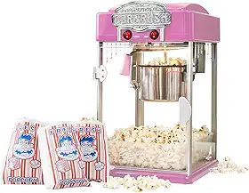 Máquina de pipoqueira profissional vintage de 118 ml com luz antiaderente para aquecer chaleira e colher de servir. (Rosa)