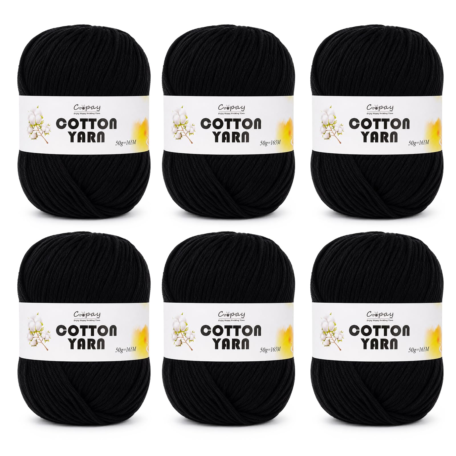 Coopay 100% Cotton Yarn 6×50g, Soft 8ply Cotton Yarn for Crochet & Knitting, Cotton Crochet Yarn for Dishcloths, Baby Blankets, Wearables, Bags (Black)
