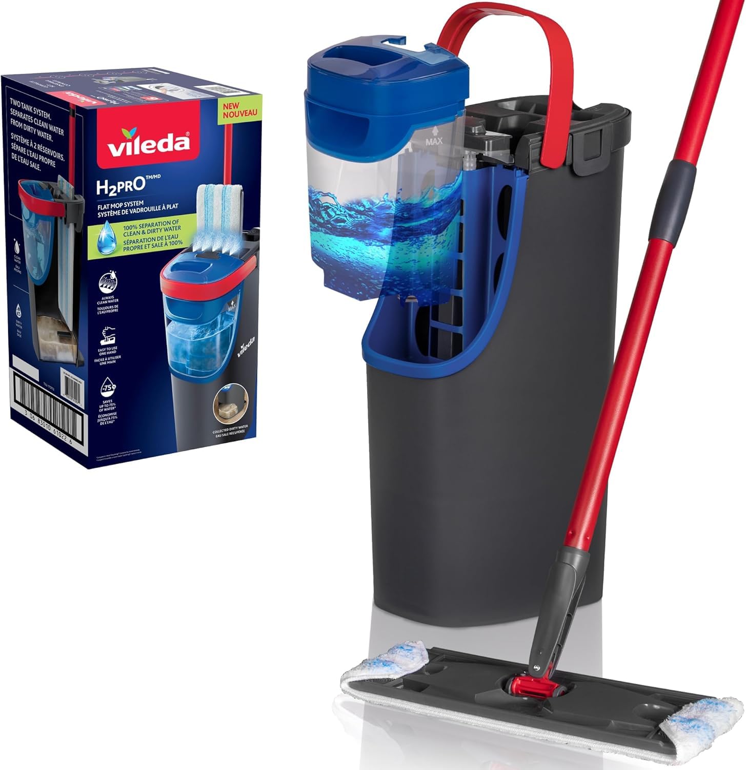 Vileda H2Pro Flat Mop System | Clean and Dirty Water Separate | One Hand Wrung | Compact Storage | Grey and Blue Microfiber OEKO-TEX STANDARD 100