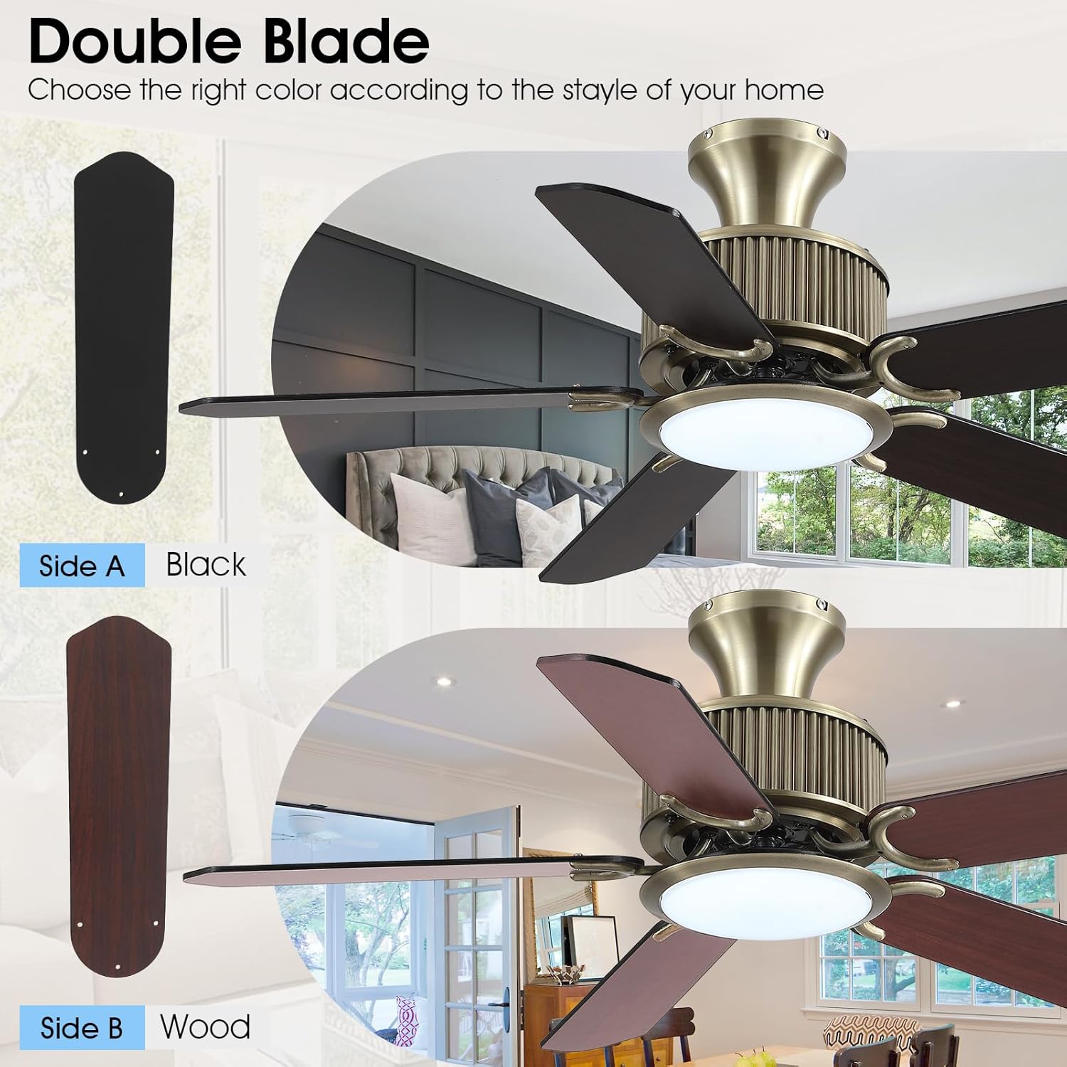 Double-sided fan blades in black and wood finishes