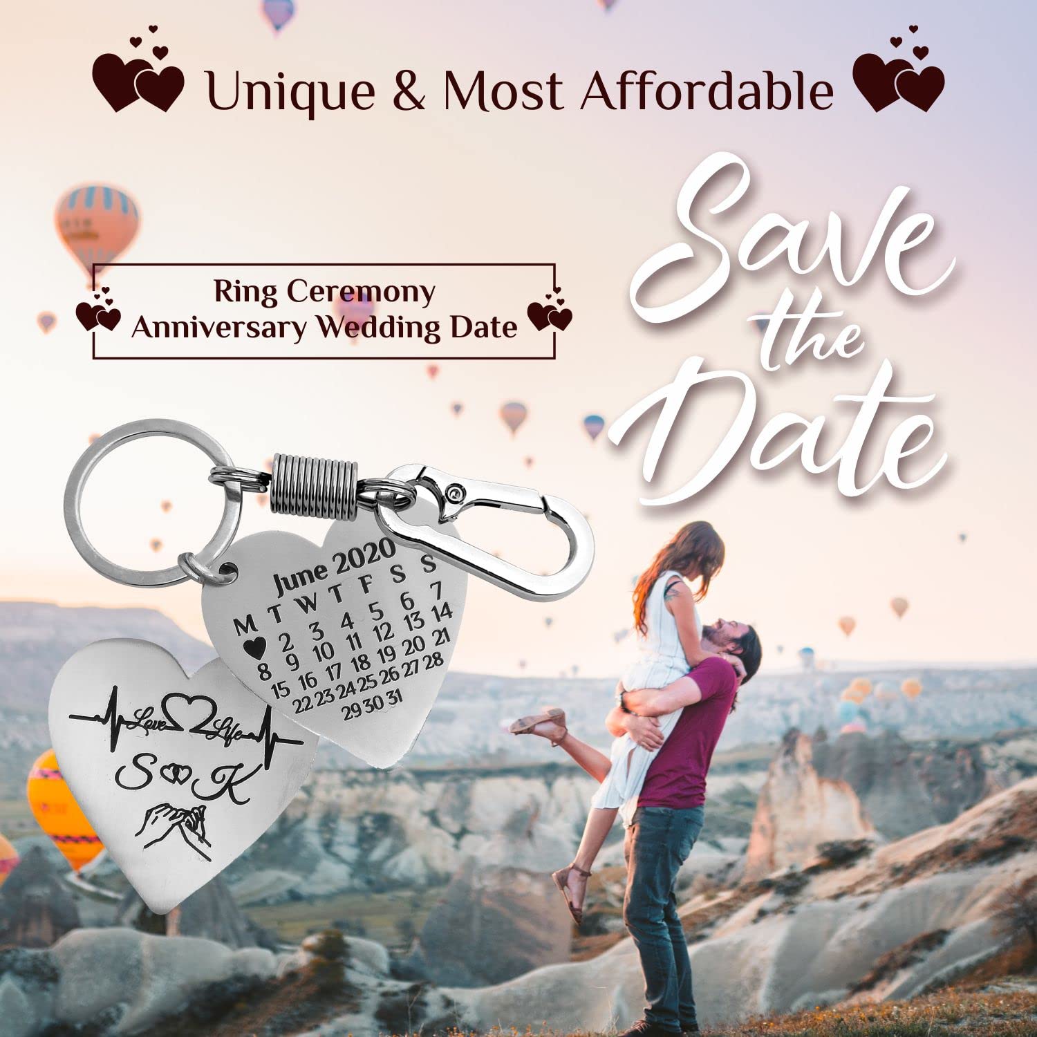 SUHAAVANA Customize Gift Personalized Calendar Key Chain with Memorial Date and Name on Matt finish Steel Metal for occasion Anniversary Loved one Birthday Valentine Day (Heart Shape 38x38MM) 4