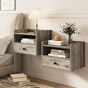 Floating Nightstand Set of 2 Modern Night Stands with Drawer and Open Shelf Cubby Small Bedside End Table with Charging Station Wall Mounted Nightstands Set 2 for Bedroom Grey
